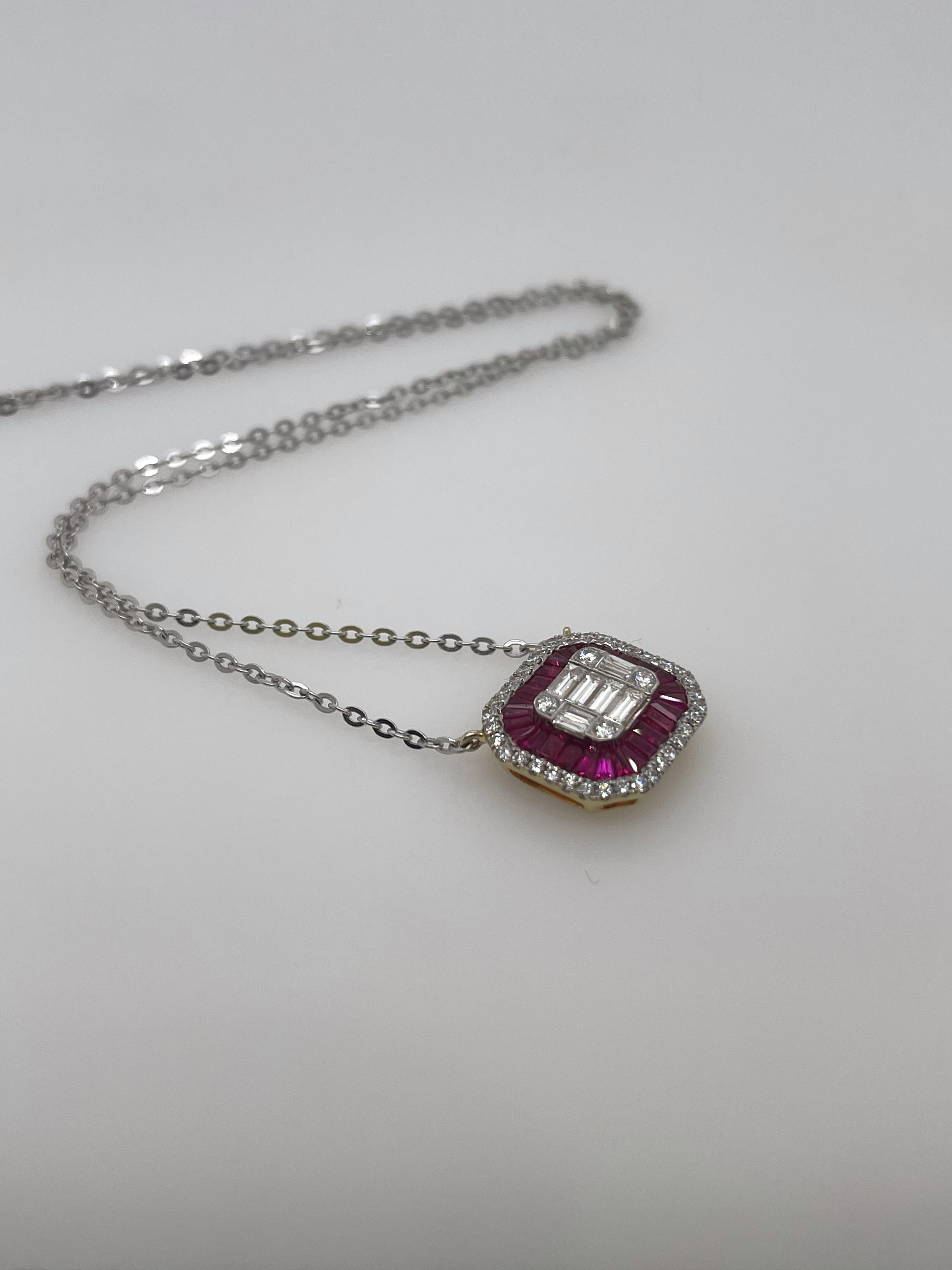 Baguette Cut Ruby & Baguette Diamond Pendant Necklace