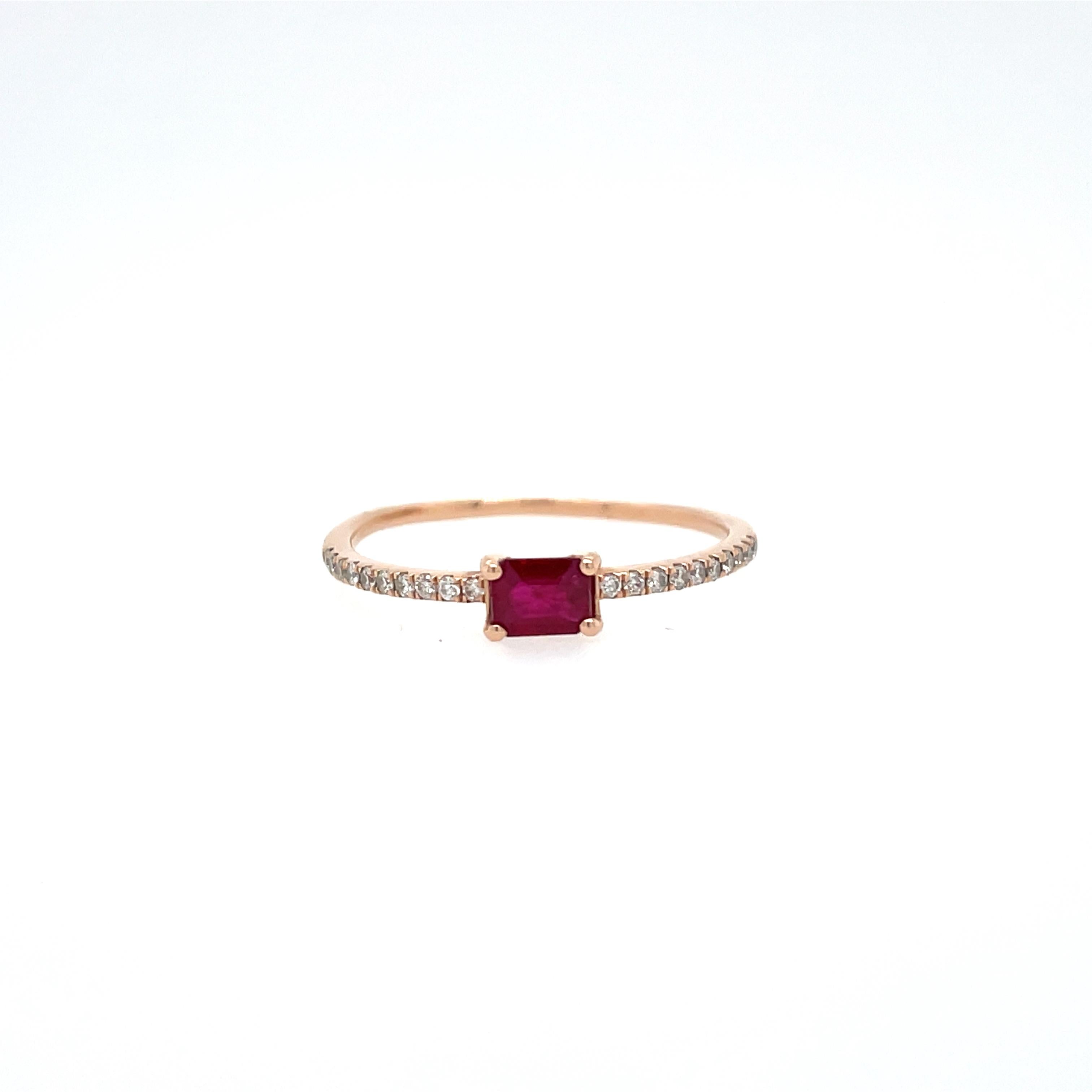 Add this dainty ring to your daily stack!

Featuring a bold red Burmese ruby and accented by natural diamonds, this ring will add a vibrant drop of color to everyday jewelry. The rose gold setting hints at a vintage feel, while still being a classic