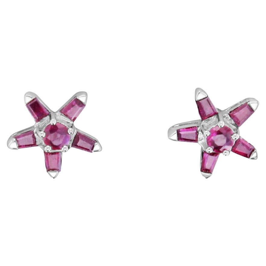 Ruby Baguette Star Shaped Studs 14k White Gold