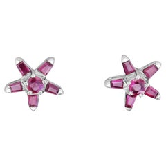 Ruby Baguette Star Shaped Studs 14k White Gold