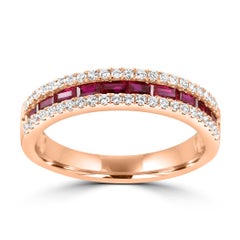 Ruby Baguette & White Diamond Round Three-Row 18 Karat Gold Fashion Band Ring