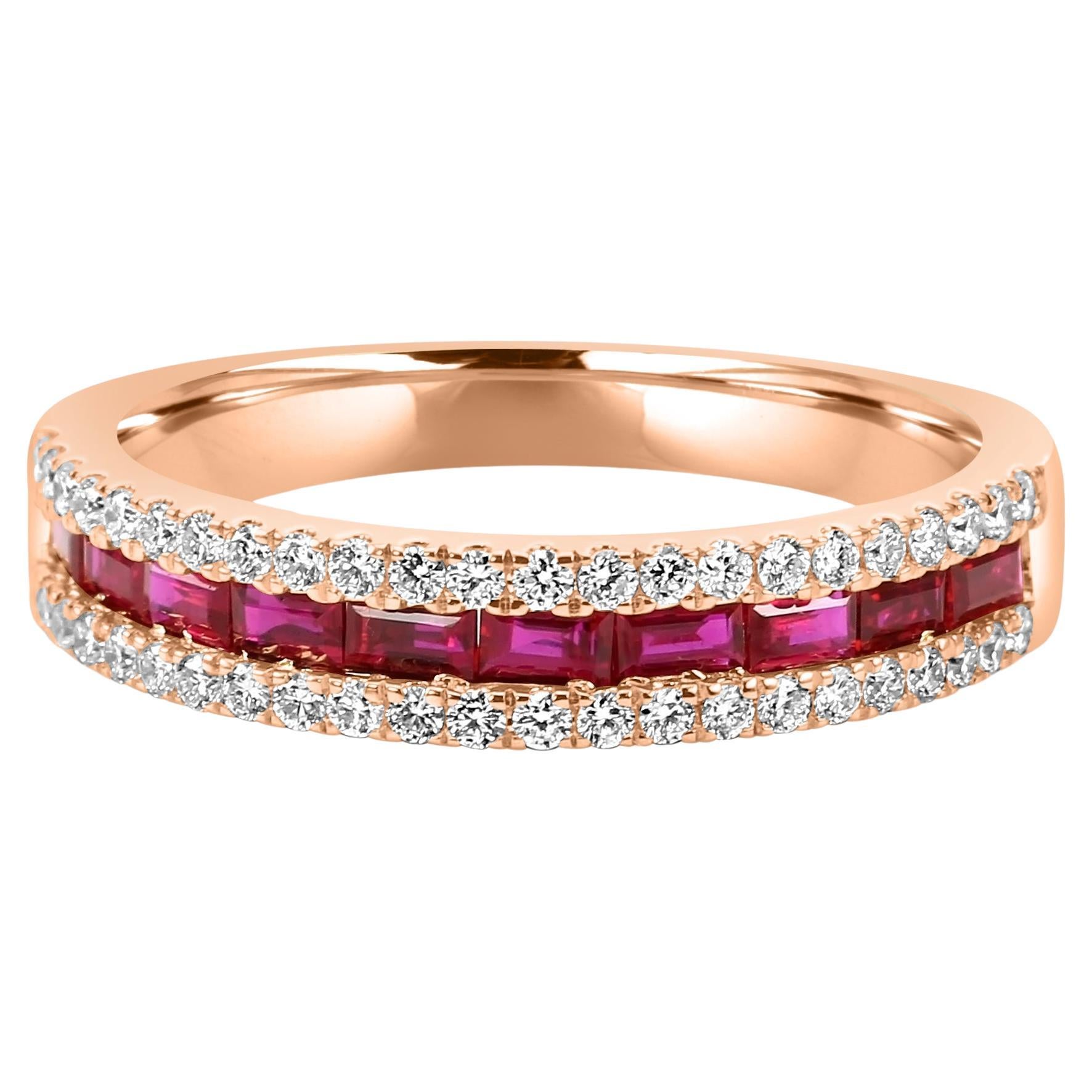 Runder dreireihiger 18K Roségold Mode-Ring mit Rubin, Baguette und weißem Diamant