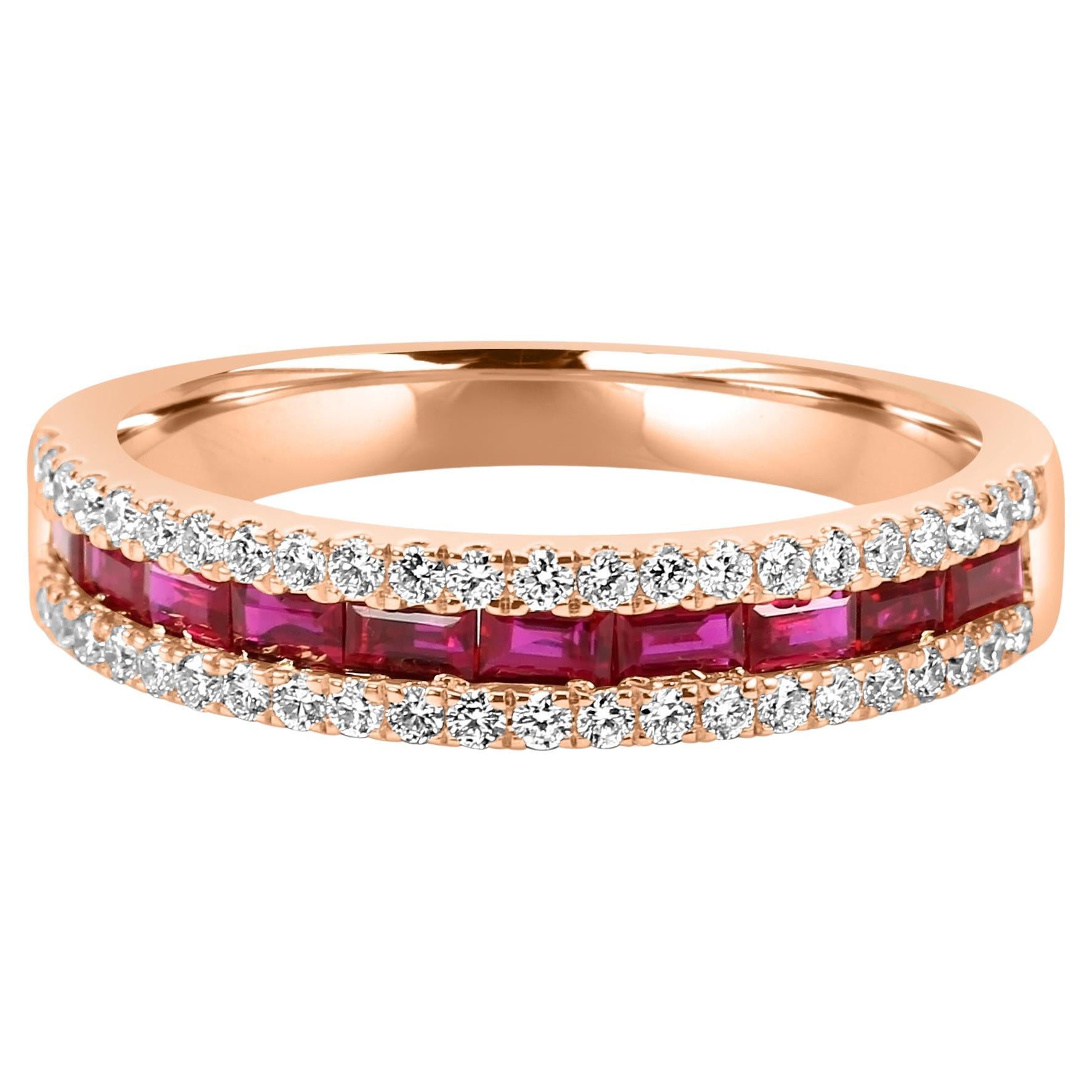 Ruby Baguette & White Diamond Round Three-Row 18 Karat Gold Fashion Band Ring