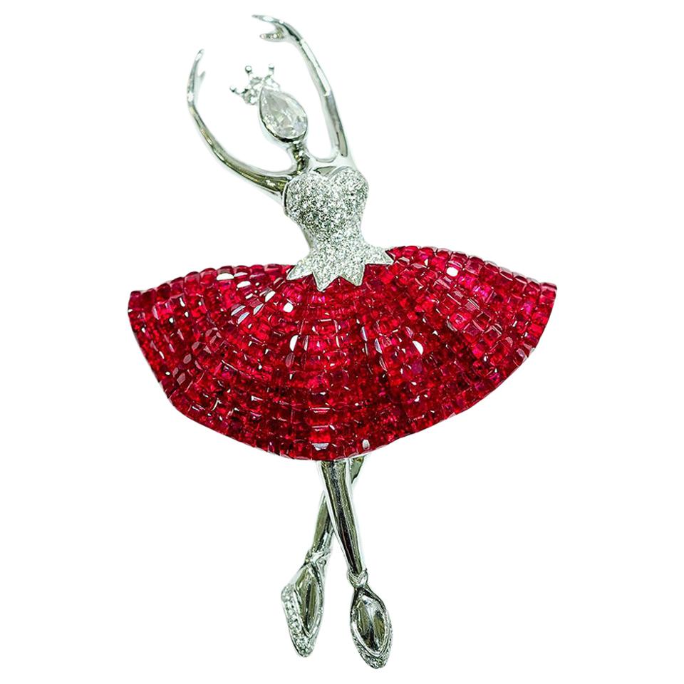 Ruby Ballerina Brooch 18 Karat White Gold in Invisible Setting