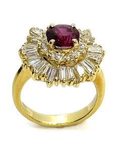 Vintage Ruby Ballerina Ring Double Halo Baguette & Round Diamonds in Yellow Gold