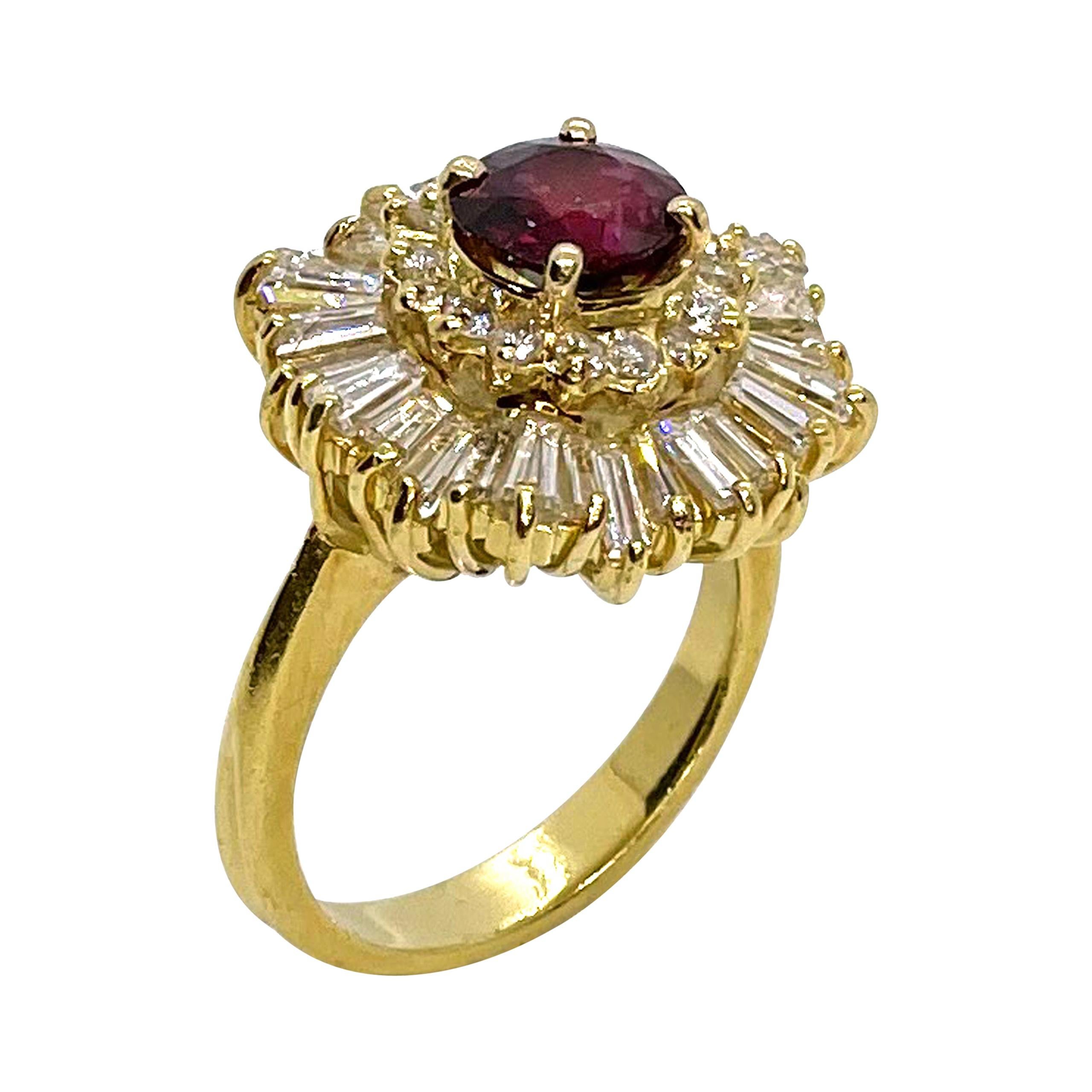 Ruby "Ballerina" Ring with Baguette Diamonds, Circa 1990 For Sale