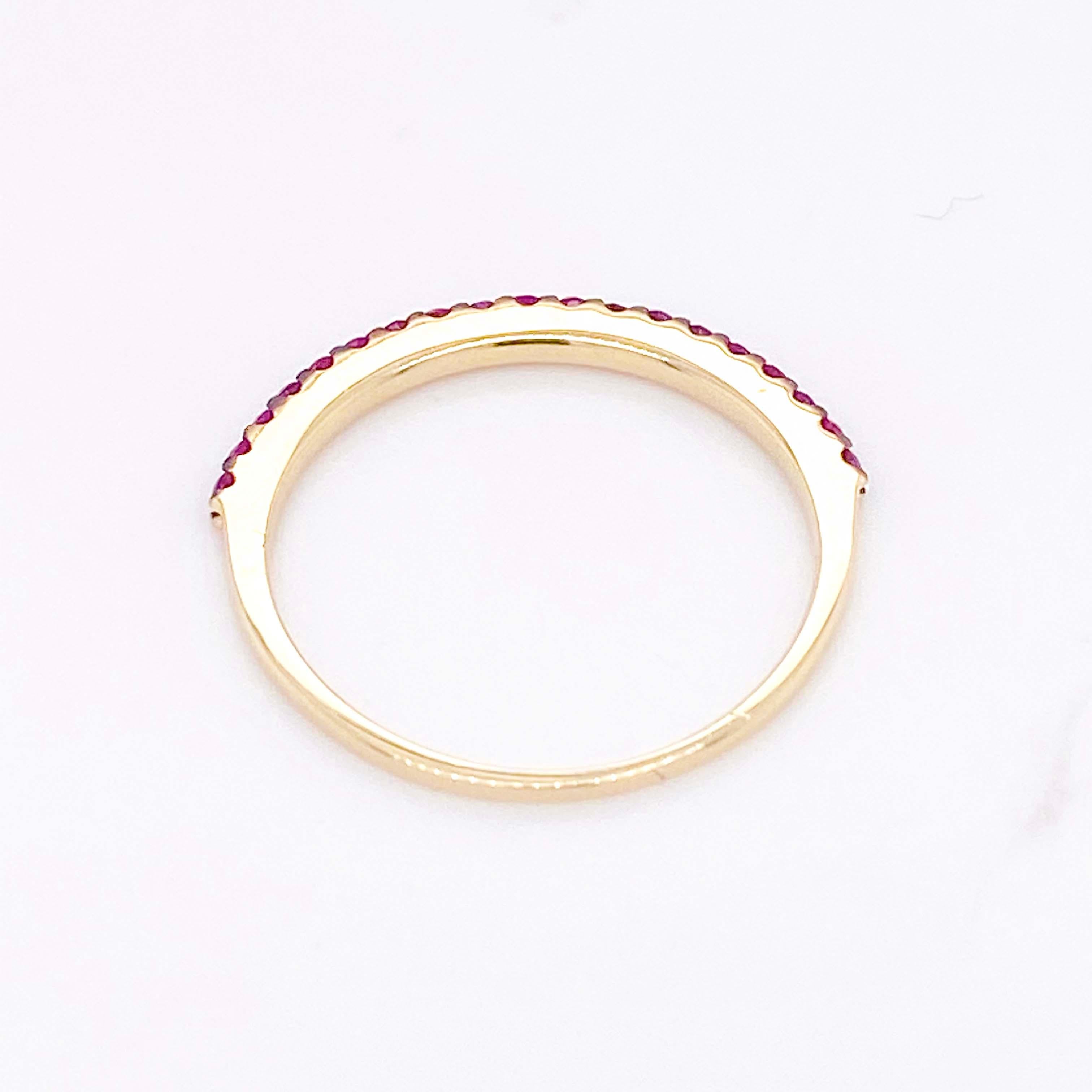 Contemporary Ruby Band Ring, 19 Rubies Adorned in Yellow Gold, Minimal Stackable Band Sizable For Sale