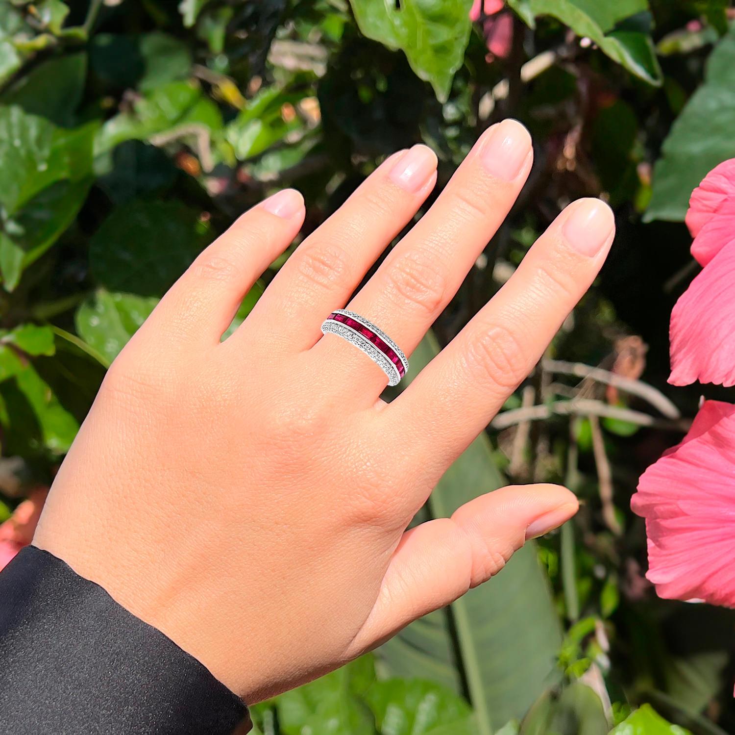 Contemporary Ruby Band Ring With Diamonds 1.79 Carats 18K White Gold For Sale