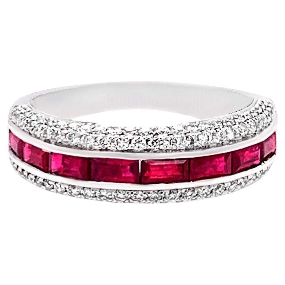 Ruby Band Ring With Diamonds 1.79 Carats 18K White Gold For Sale