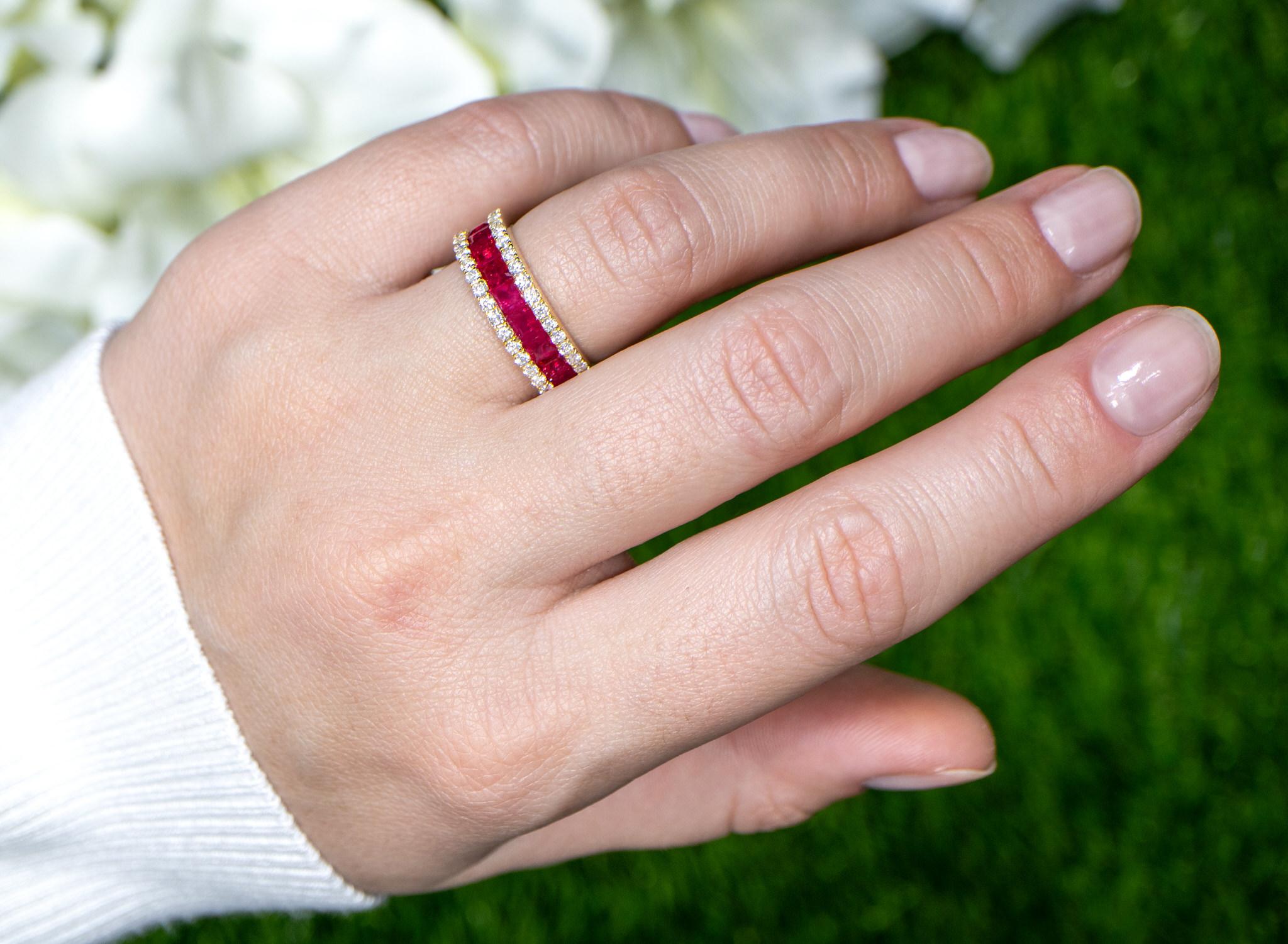 Art Deco Ruby Band Ring With Diamonds 2.36 Carats 18K Yellow Gold For Sale