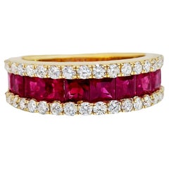Vintage Ruby Band Ring With Diamonds 2.36 Carats 18K Yellow Gold