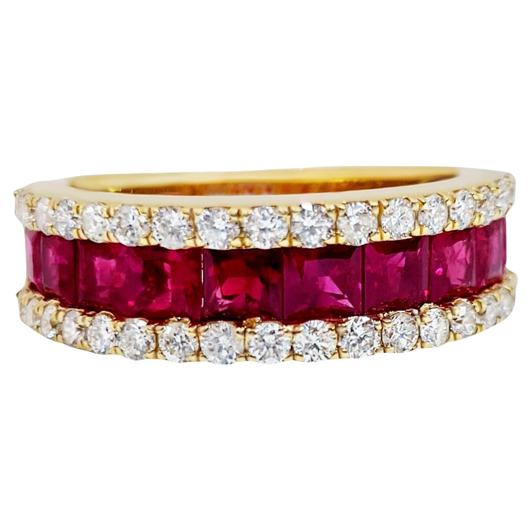 Ruby Band Ring With Diamonds 2.36 Carats 18K Yellow Gold For Sale