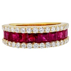 Ruby Band Ring With Diamonds 2.36 Carats 18K Yellow Gold