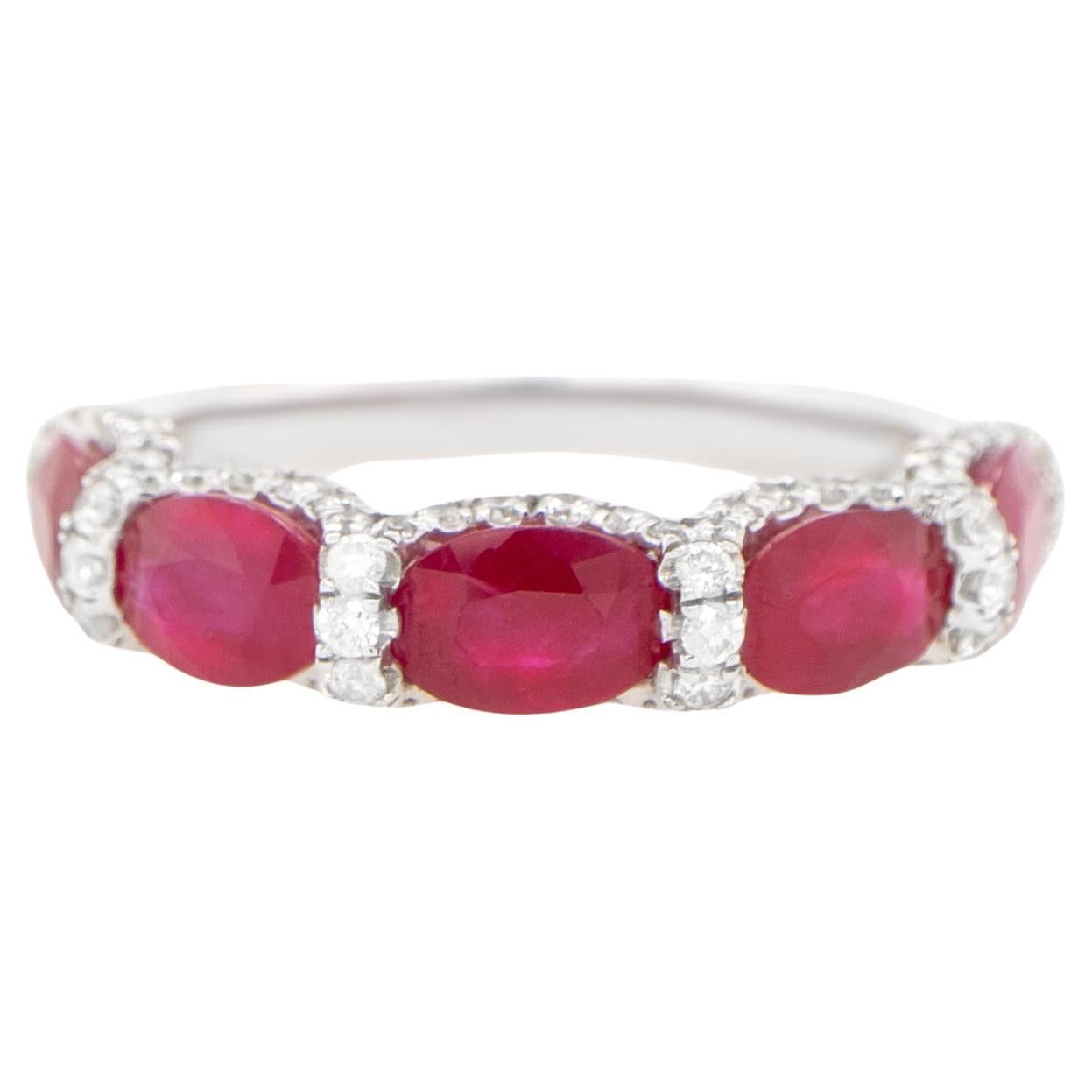 Ruby Band Ring With Diamonds 3.24 Carats 18K Gold For Sale
