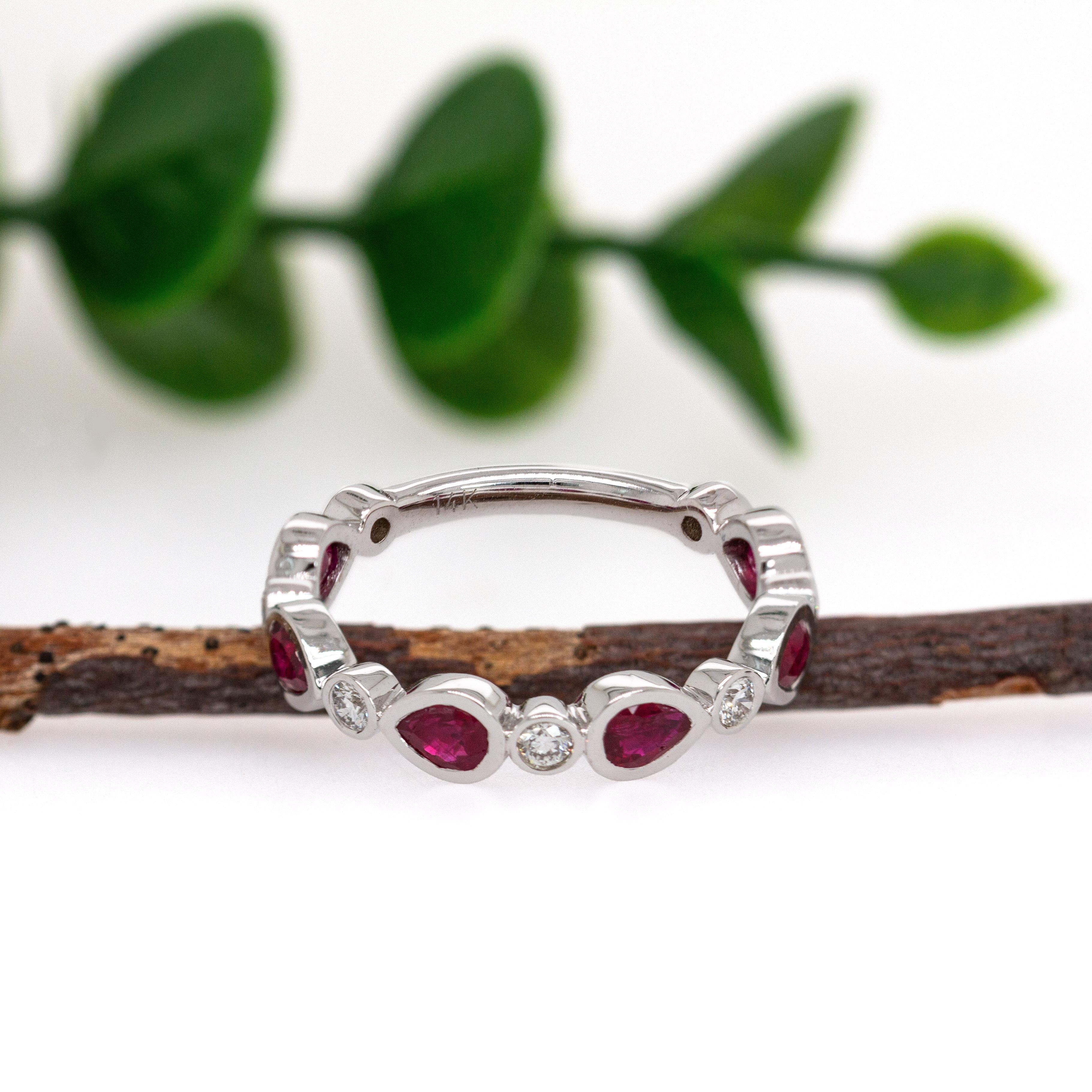 Contemporary Ruby Band with Natural Diamond Accents in Solid 14K Gold  Six Pear Shape Ruby For Sale