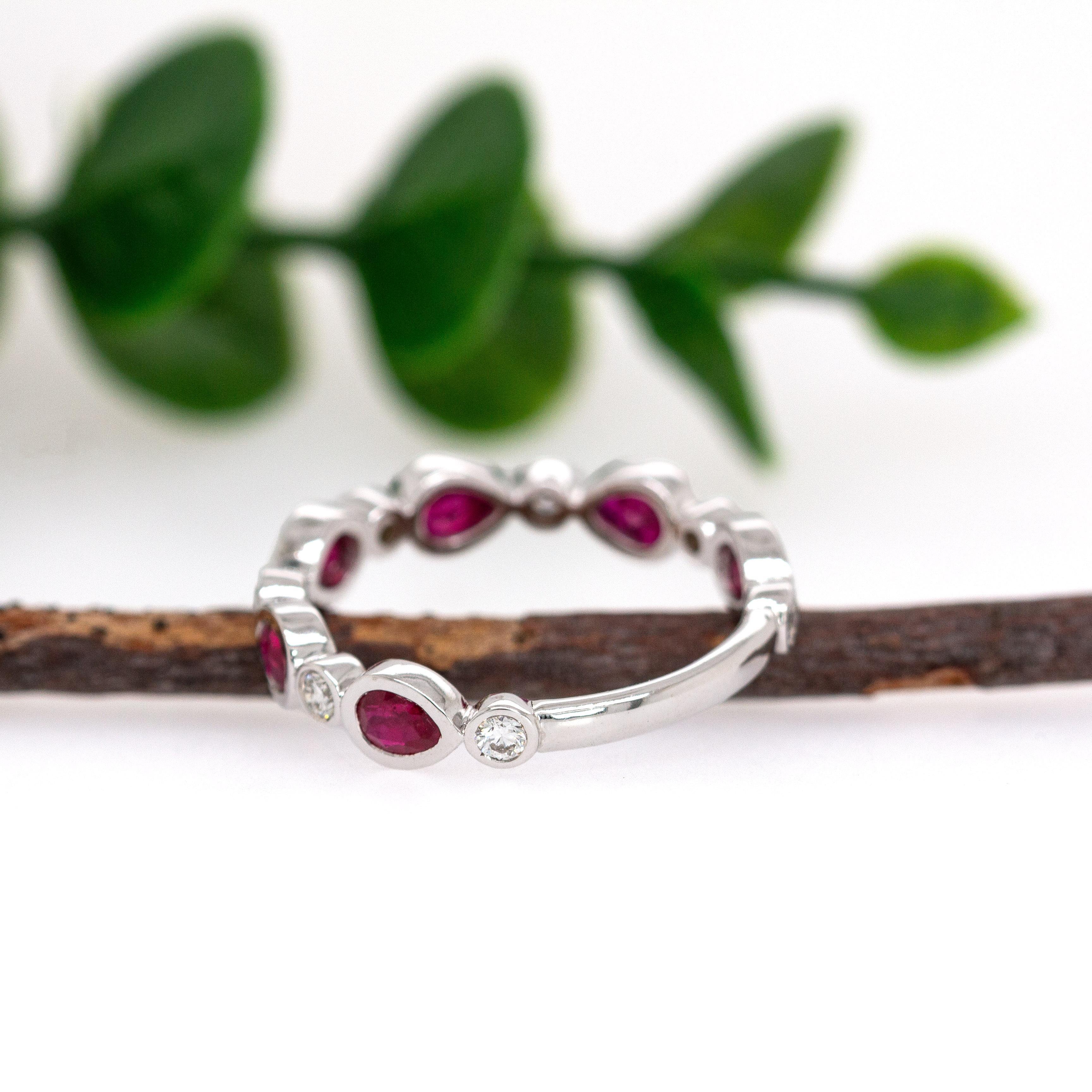 Pear Cut Ruby Band with Natural Diamond Accents in Solid 14K Gold  Six Pear Shape Ruby For Sale