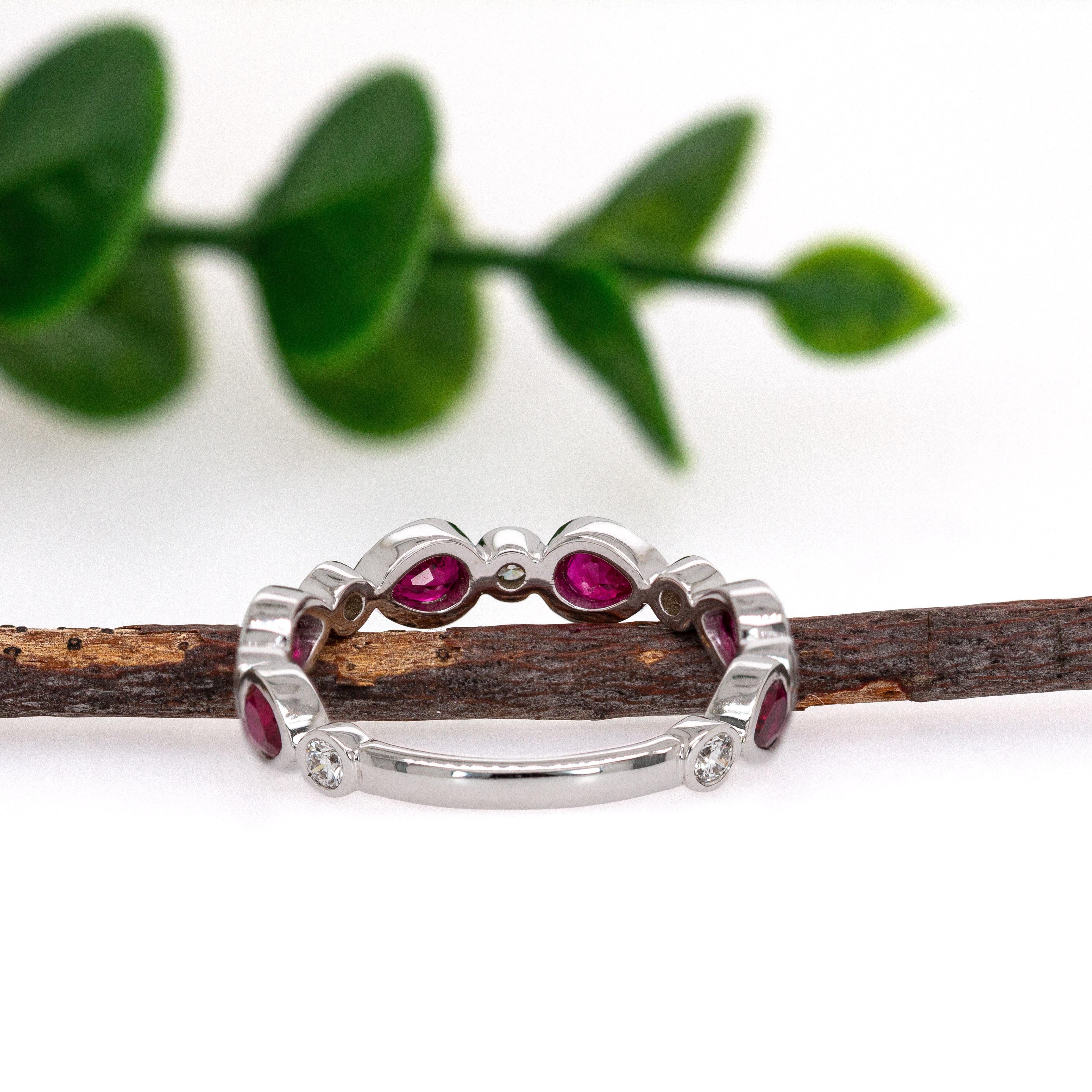 Ruby Band with Natural Diamond Accents in Solid 14K Gold  Six Pear Shape Ruby In New Condition For Sale In Columbus, OH