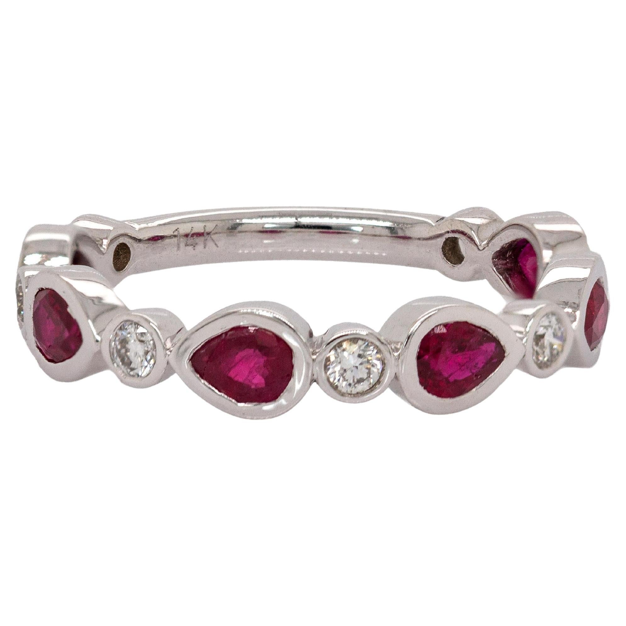 Ruby Band with Natural Diamond Accents in Solid 14K Gold  Six Pear Shape Ruby For Sale