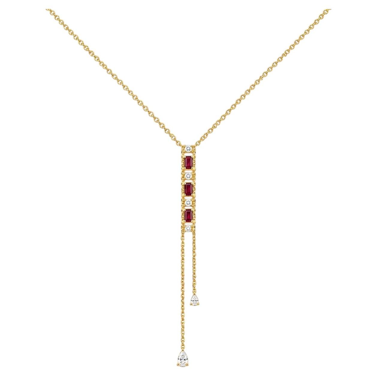 Collar Lariat de Oro macizo de 14 quilates con diamantes naturales en forma de gota de barra de rubí (certificado)