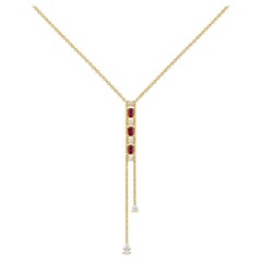 Ruby Bar Drop Natural Diamond Lariat Necklace in 14K Solid Gold (Certified)