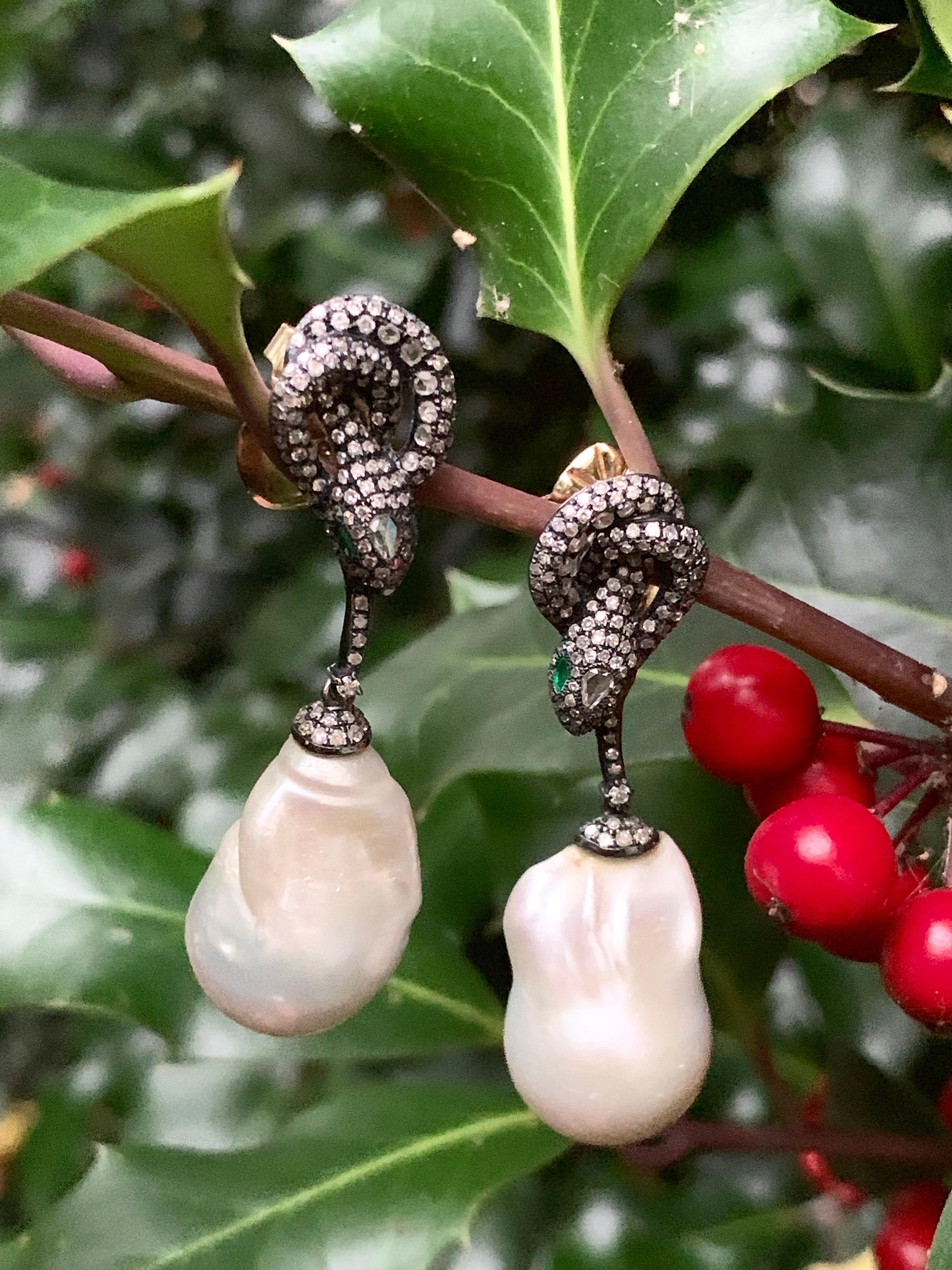 Manpriya B Ruby, Baroque Pearl and Diamond Serpent Drop Dangle Earrings For Sale 4