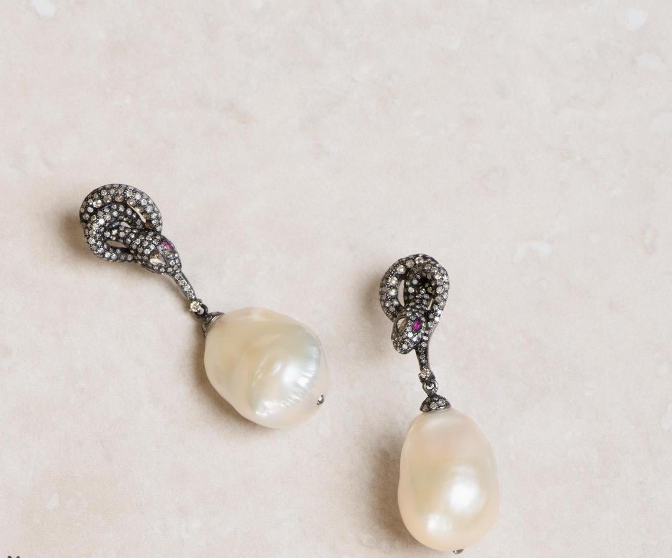 Modern Manpriya B Ruby, Baroque Pearl and Diamond Serpent Drop Dangle Earrings For Sale