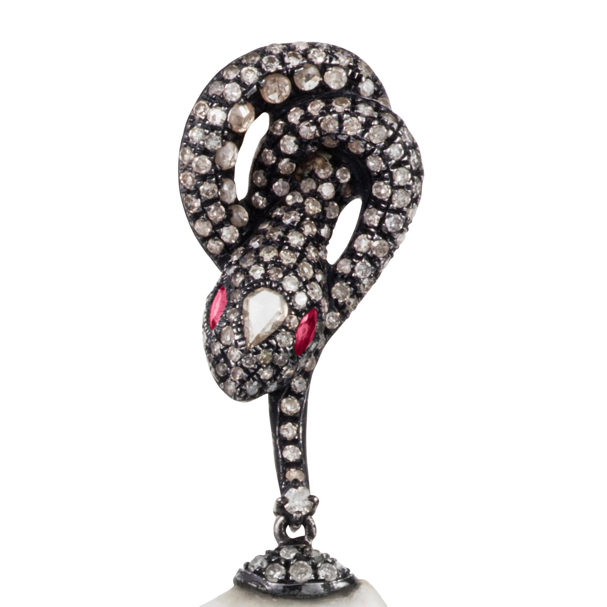 Round Cut Manpriya B Ruby, Baroque Pearl and Diamond Serpent Drop Dangle Earrings For Sale