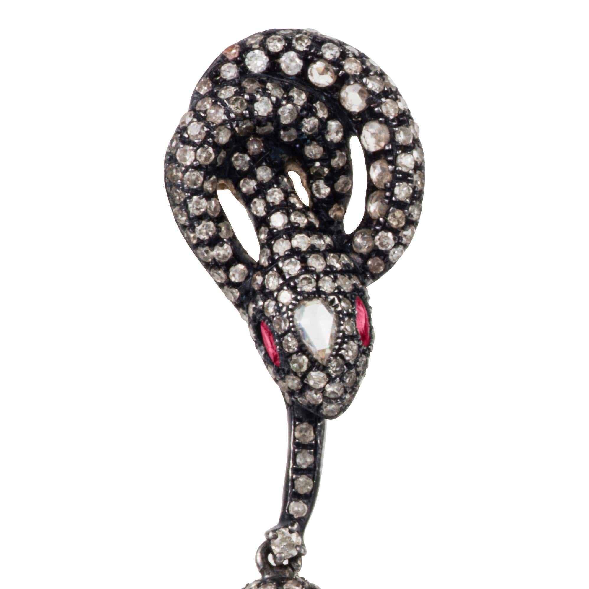 Manpriya B Ruby, Baroque Pearl and Diamond Serpent Drop Dangle Earrings In New Condition For Sale In London, GB