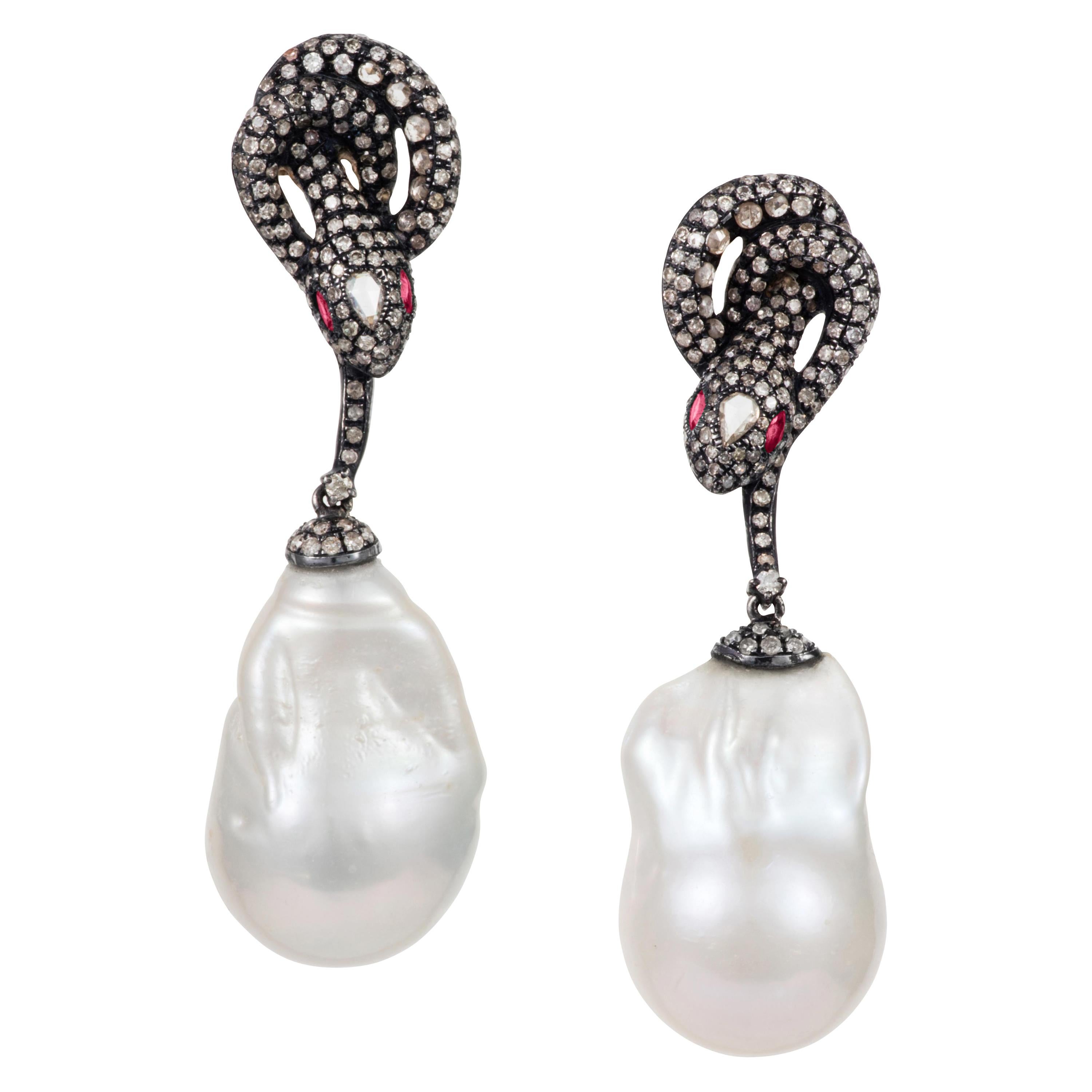 Manpriya B Ruby, Baroque Pearl and Diamond Serpent Drop Dangle Earrings For Sale