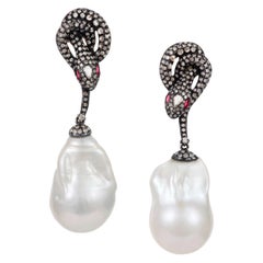 Manpriya B Ruby, Baroque Pearl and Diamond Serpent Drop Dangle Earrings