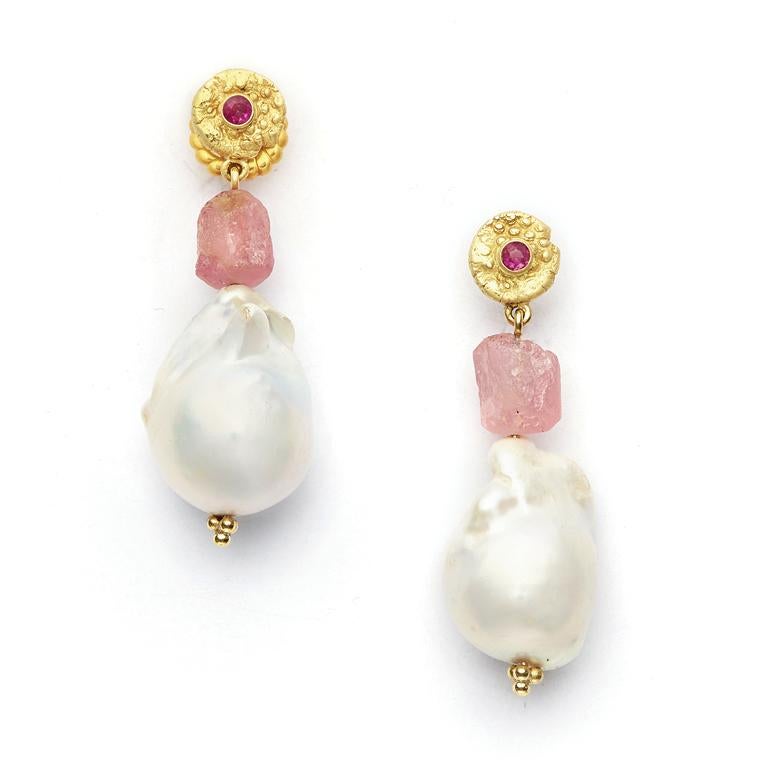 Hues of a striped summer sky at sunset are reflected in these inspired earrings. Stunning, soft white Baroque Pearls, accompanied by pale Pink Tourmaline, dangle from glowing 18 Karat Gold 