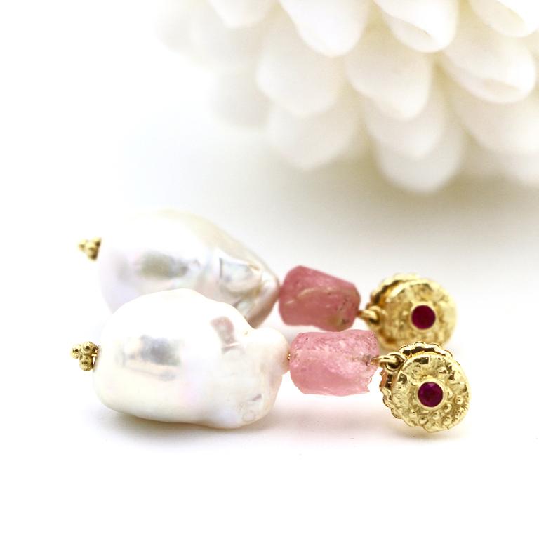 baroque pearl with pink tourmaline set in gold disc with ruby