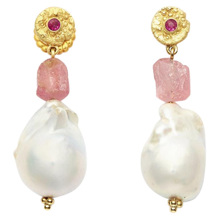 Susan Lister Locke Ruby, Baroque Pearl Pink Tourmaline Earrings in 18 Karat Gold For Sale