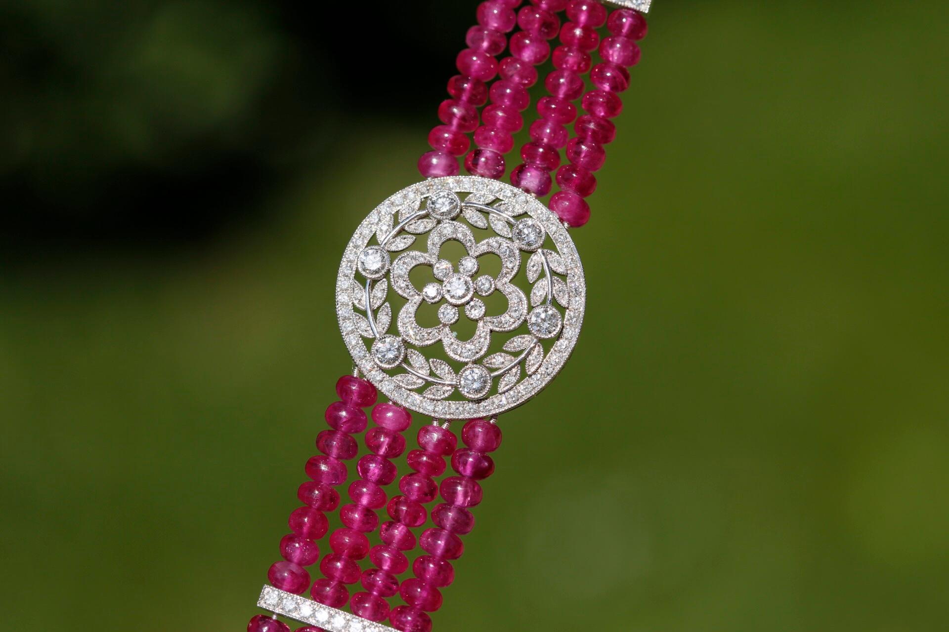 Contemporary Ruby Bead and Diamond 18K White Gold Bracelet 