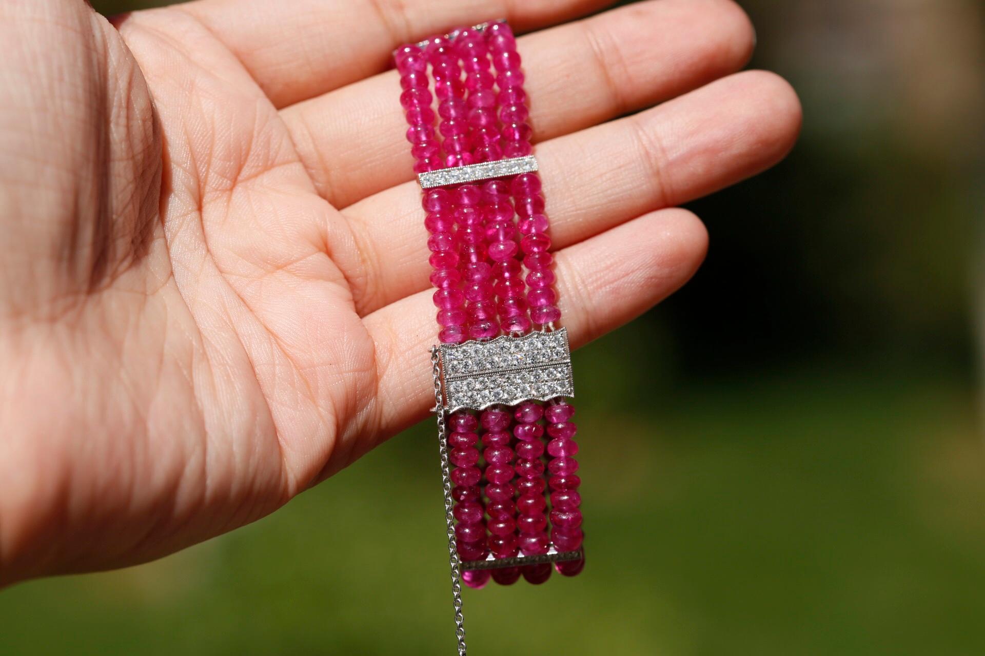 Ruby Bead and Diamond 18K White Gold Bracelet  In New Condition In Banbury, GB