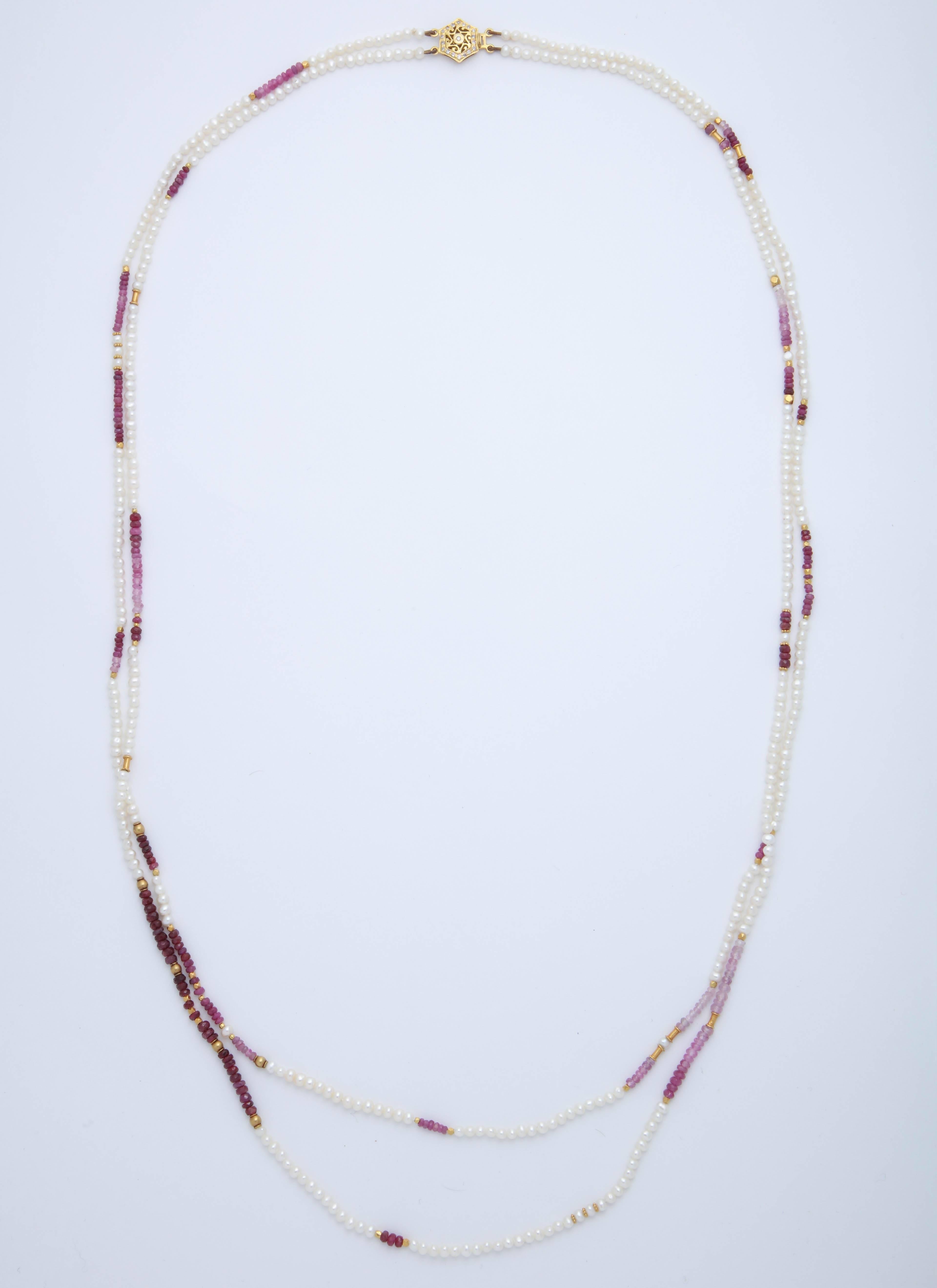 Artisan Ruby Bead and Fresh Water Pearl Long Necklace For Sale