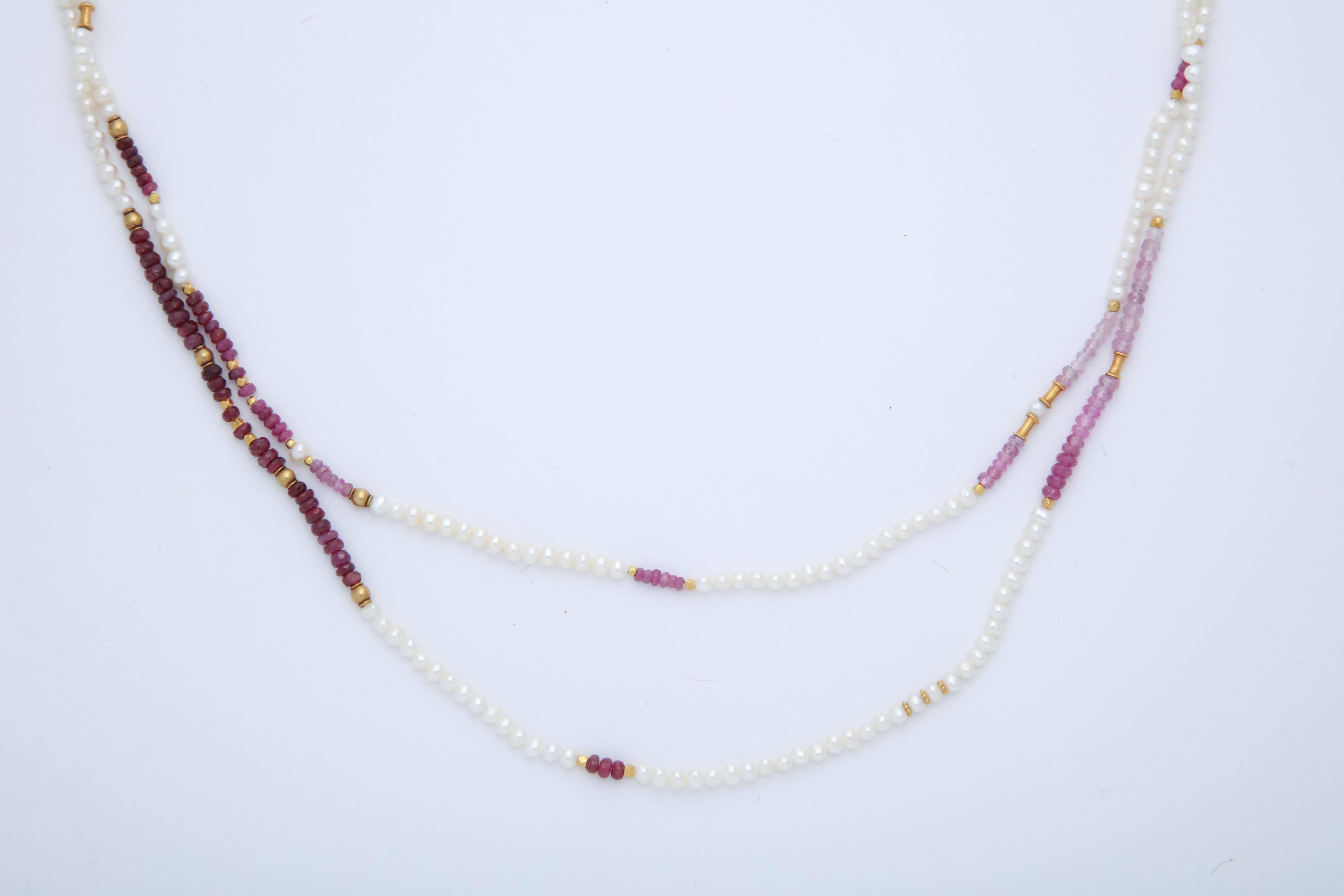 Ruby Bead and Fresh Water Pearl Long Necklace In New Condition For Sale In TRYON, NC