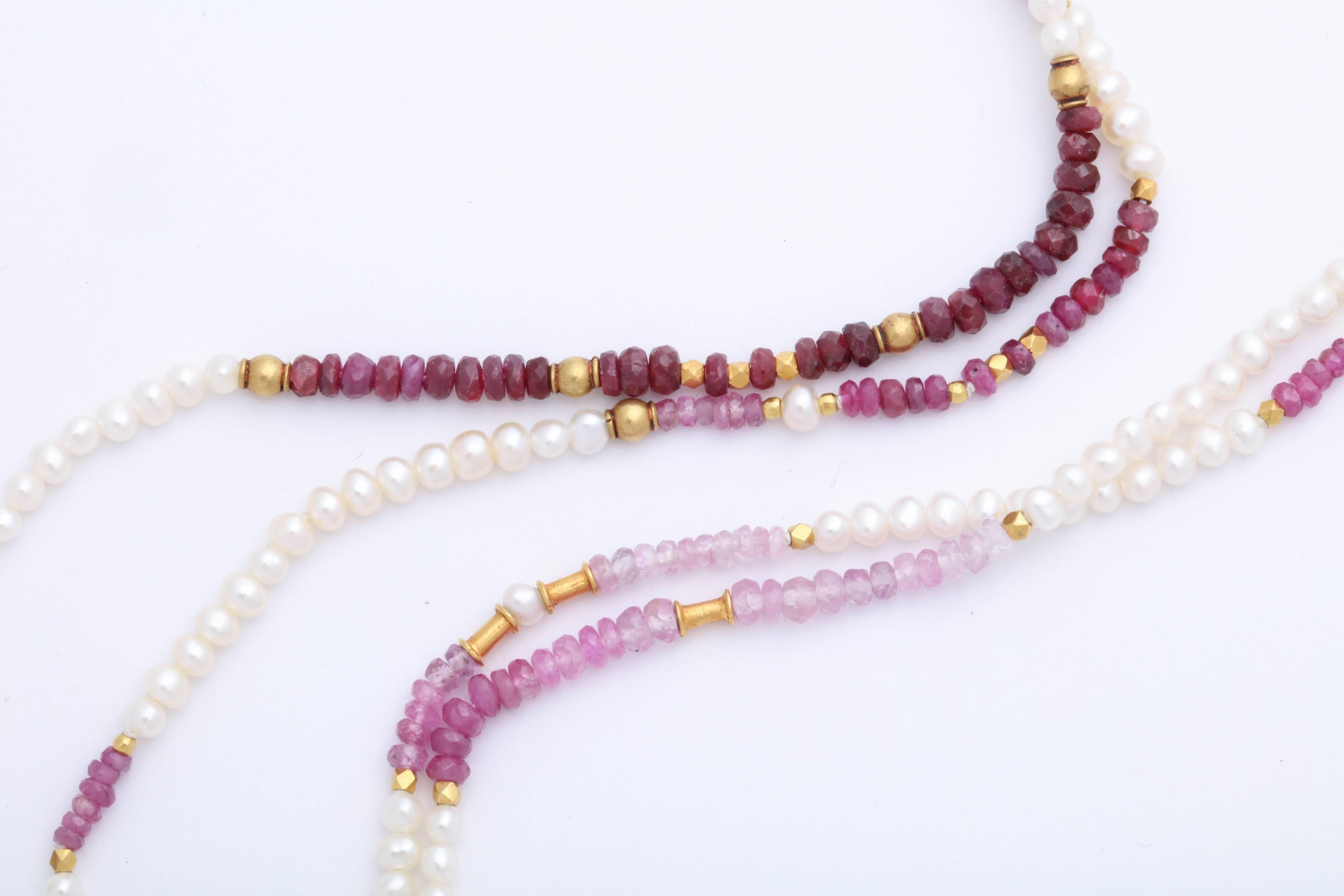 Women's or Men's Ruby Bead and Fresh Water Pearl Long Necklace For Sale