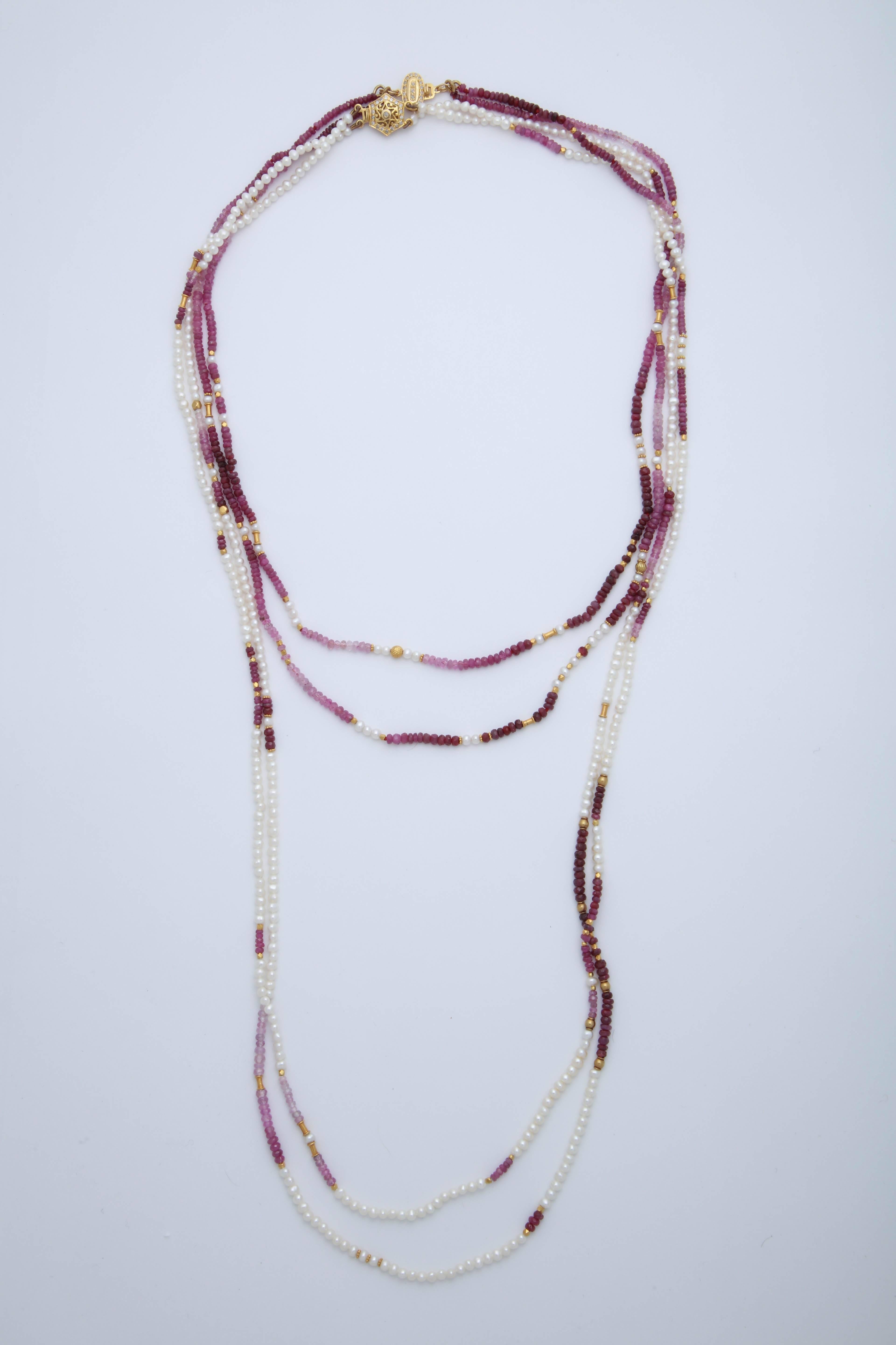Ruby Bead and Fresh Water Pearl Long Necklace For Sale 3