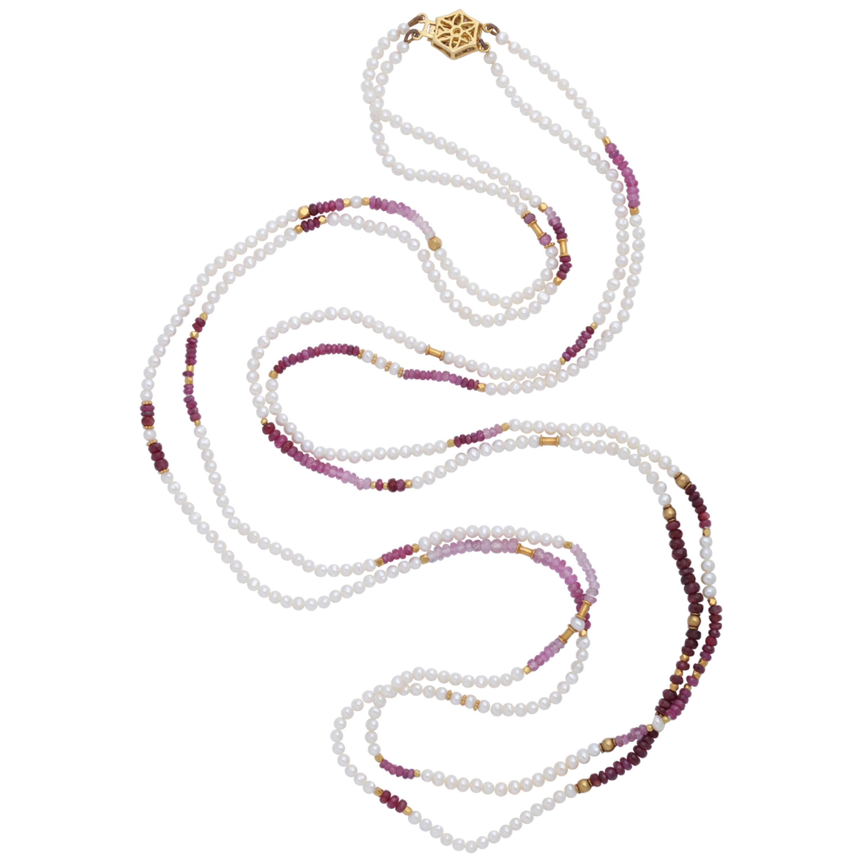 Ruby Bead and Fresh Water Pearl Long Necklace For Sale
