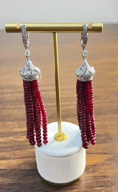 Ruby Bead Chandelier Drop White Diamond 18 Karat White Gold Earrings