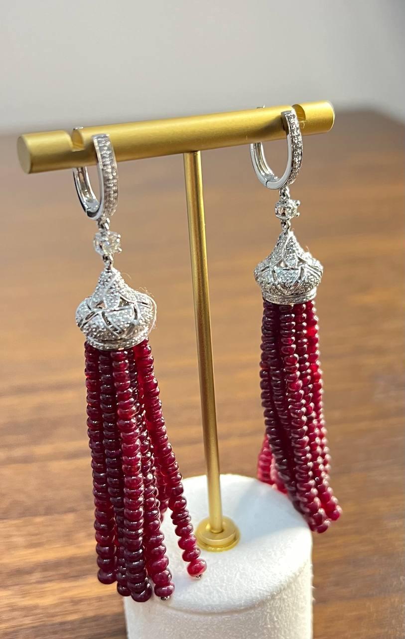 Round Cut Ruby Bead Chandelier Drop White Diamond 18 Karat White Gold Earrings For Sale