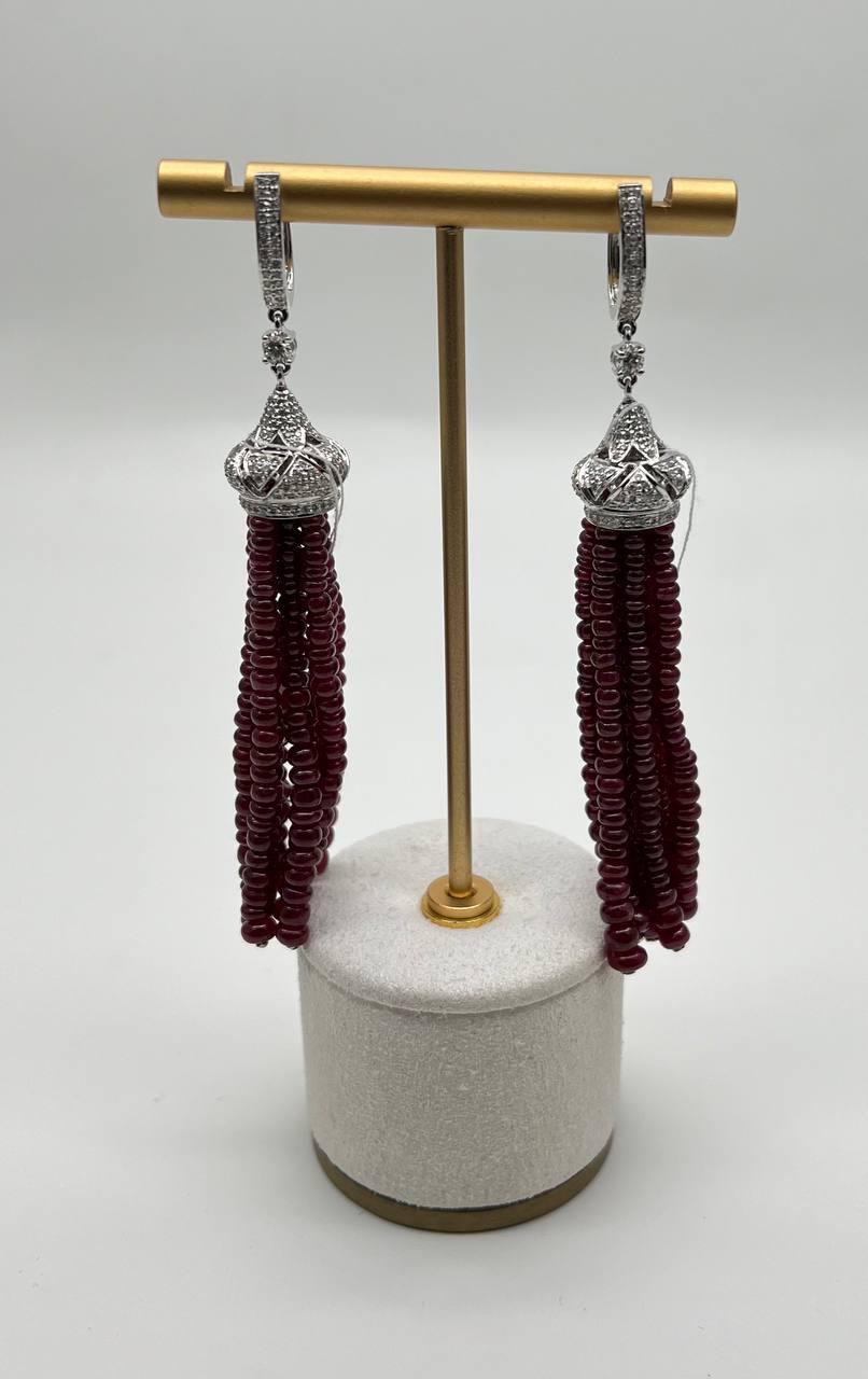 Women's Ruby Bead Chandelier Drop White Diamond 18 Karat White Gold Earrings For Sale