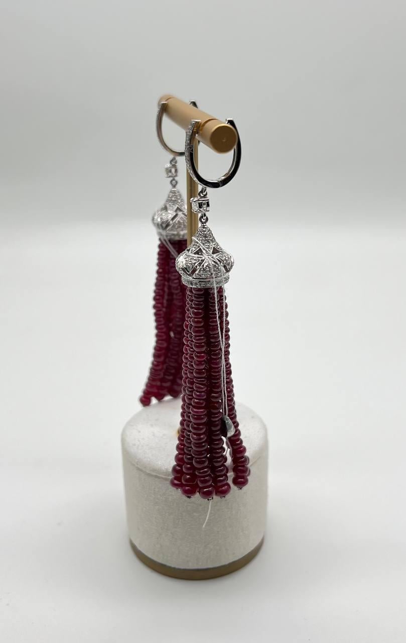 Ruby Bead Chandelier Drop White Diamond 18 Karat White Gold Earrings For Sale 1
