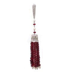 Ruby Bead, Diamond, and Pearl Tassel Earrings in 18 Karat White Gold