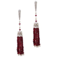 Ruby Bead, Diamond, and Pearl Tassel Earrings in 18 Karat White Gold