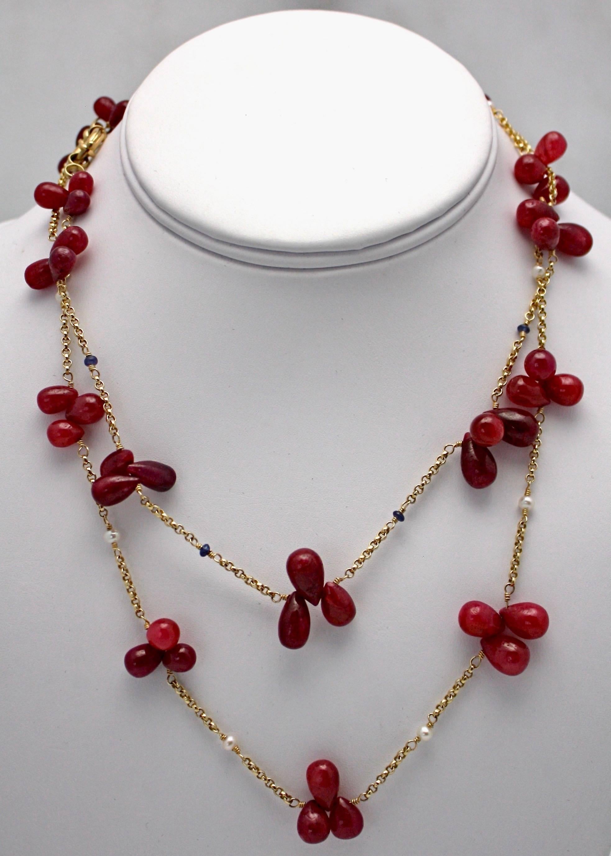 Pear Cut Ruby Bead Drop Necklaces Seed Pearls Sapphire Doubled 14 Karat For Sale