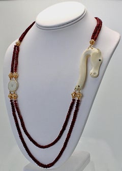 Ruby Bead Necklace w/Jade, Bone, Diamonds 18K Yellow Gold