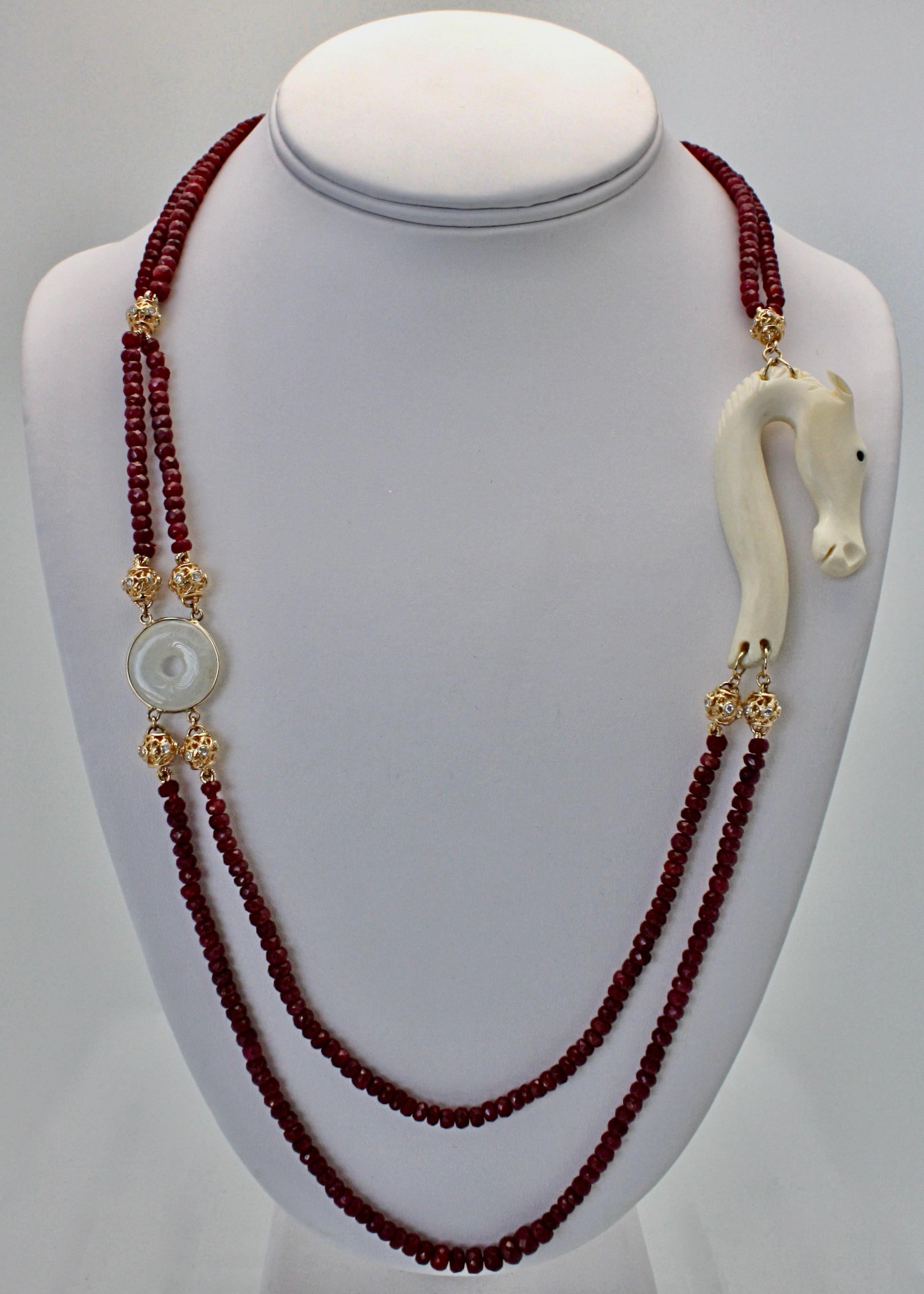Aesthetic Movement Ruby Bead Necklace w/Jade, Bone, Diamonds 18K Yellow Gold For Sale