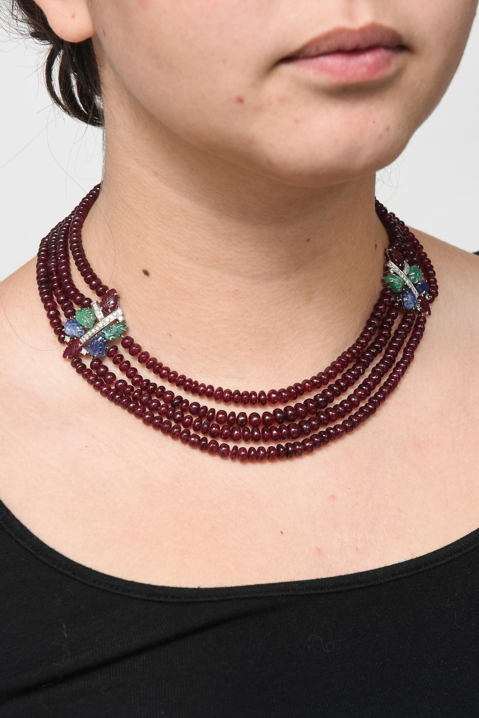 Ruby Bead Necklace with Tutti Fruiti Emerald Diamond Sapphire Ruby Gold Spacers For Sale 2